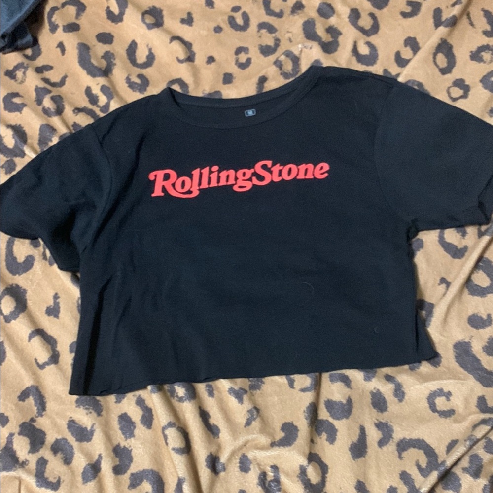 the Rolling Stones Black Crop Top with Red Logo